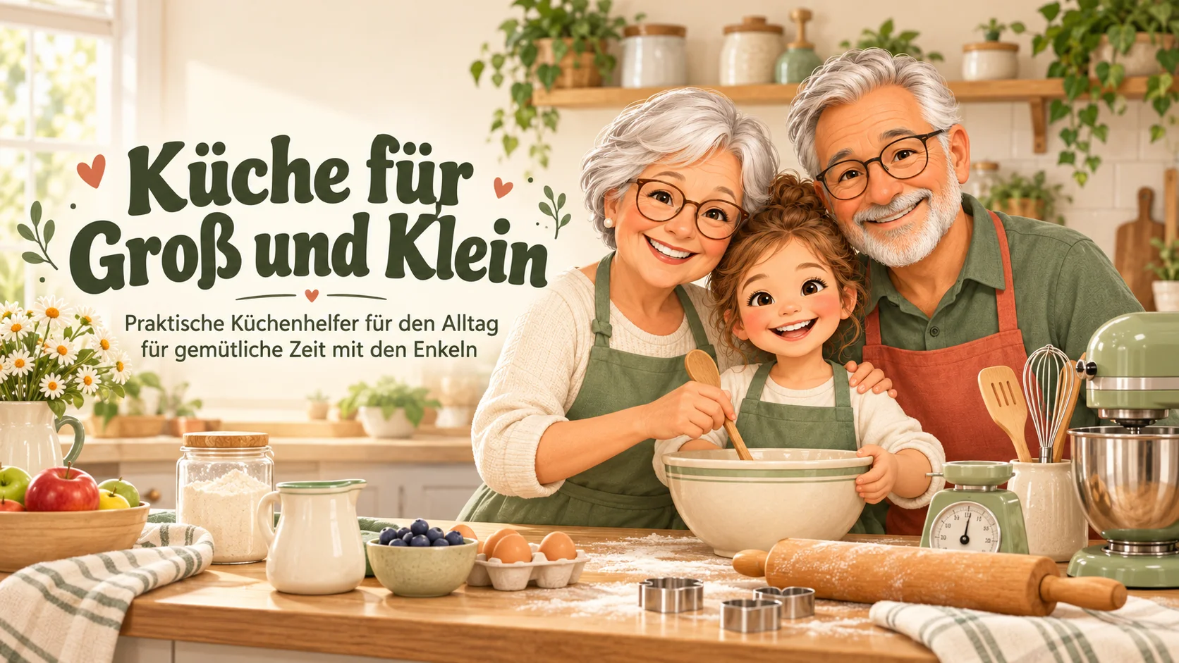Oma, Opa und Enkelin backen gemeinsam in der Küche – Küche für Groß und Klein