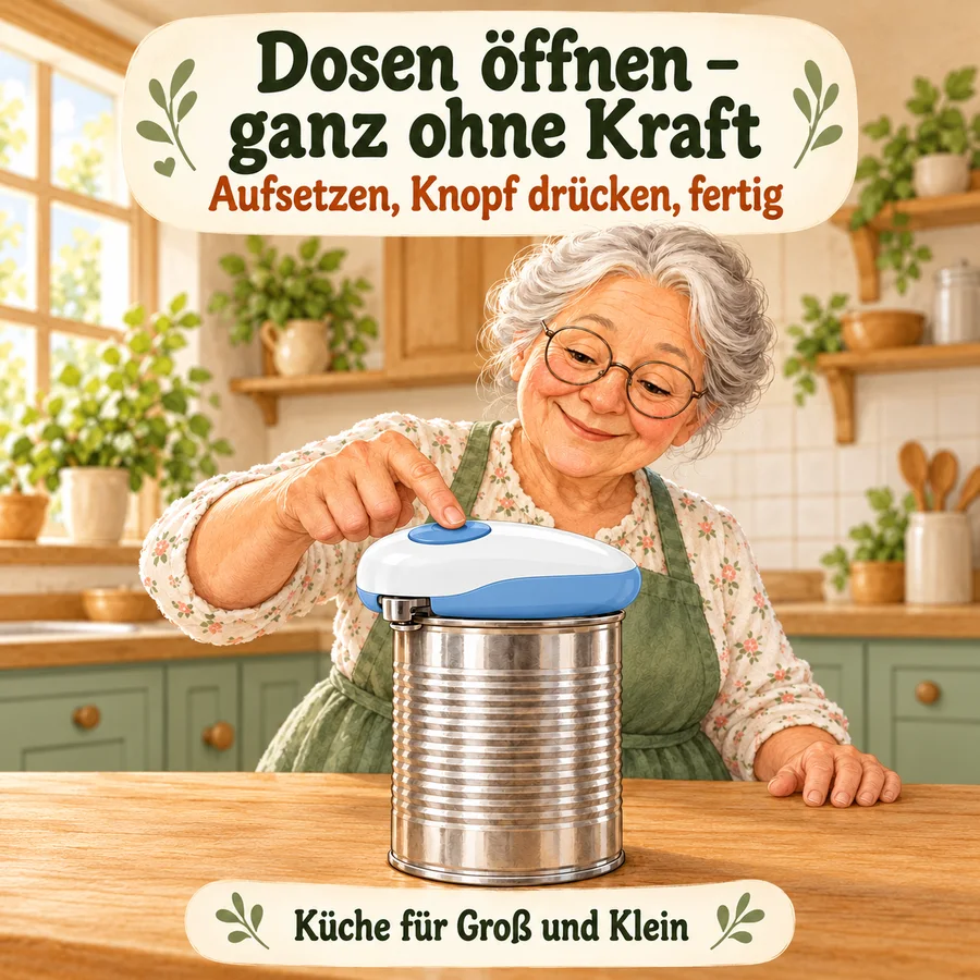 Oma öffnet eine Dose mit einem elektrischen Dosenöffner