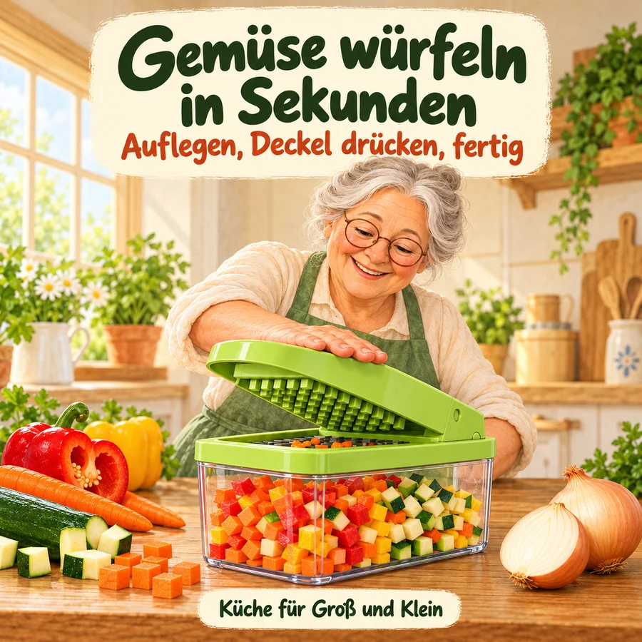 Oma würfelt Gemüse mit einem Gemüseschneider