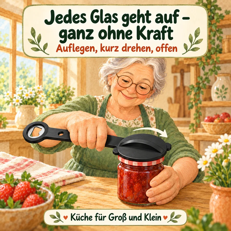 Oma öffnet ein Marmeladenglas mit einem Schraubglas-Öffner